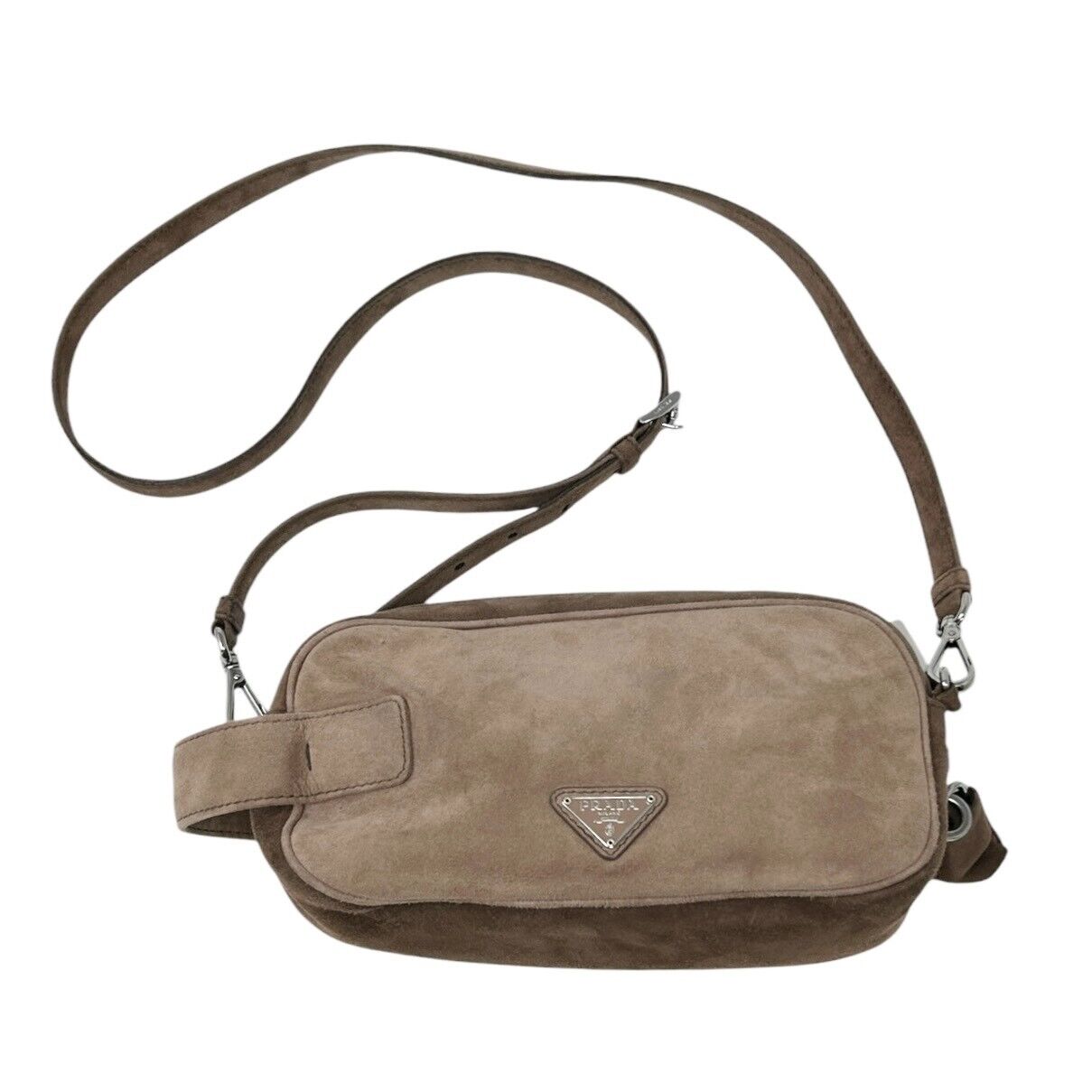 PRADA Vintage Logo 2way Crossbody Bag Clutch Pochette Mocha Brown Suede Zip