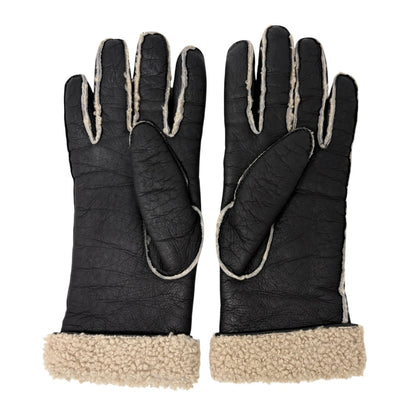 CHANEL Vintage Big CC Logo Shearling Trim Leather Gloves #7 Brown 901931