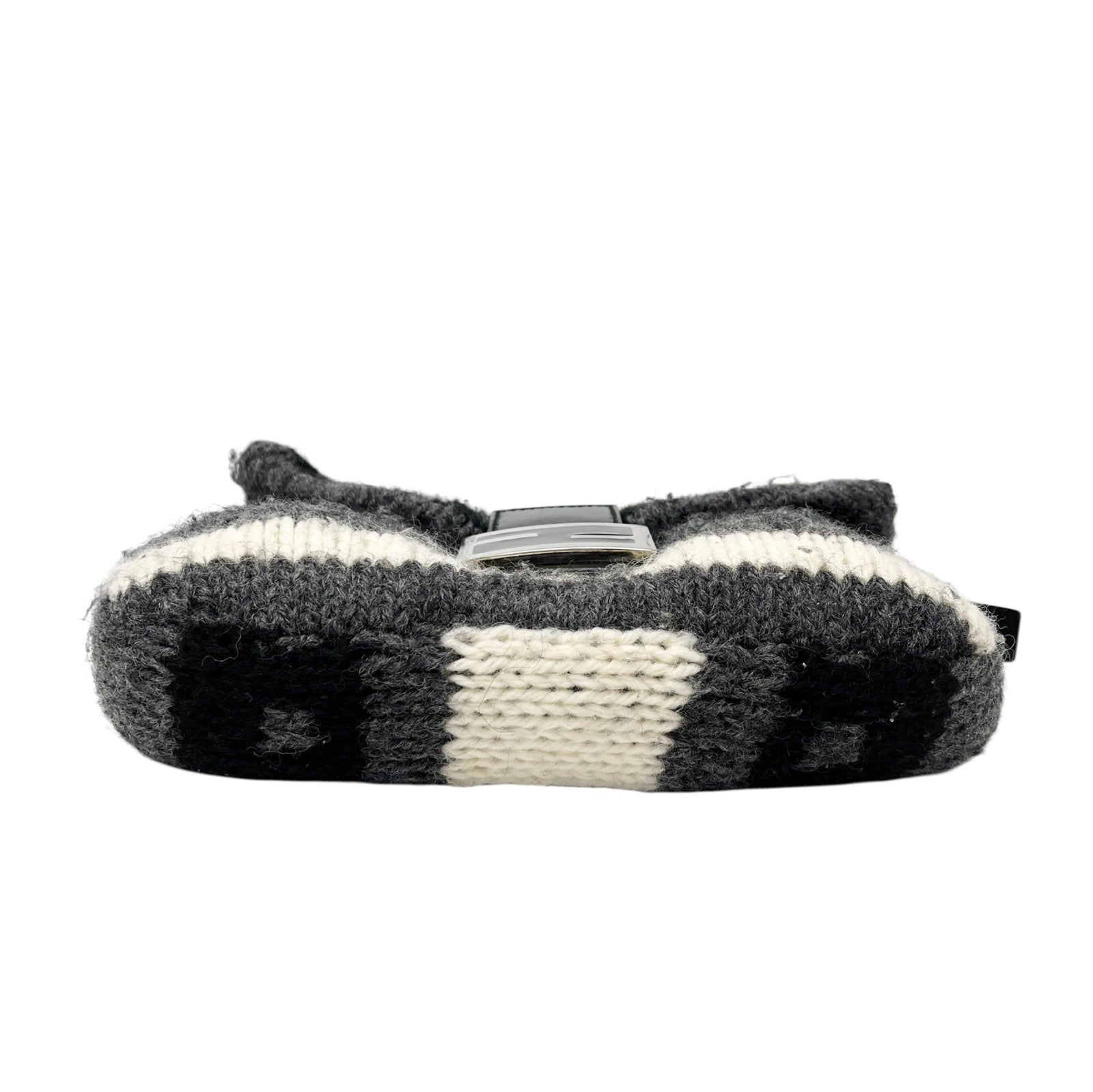 FENDI Vintage FF Logo Knit Mamma Baguette Shoulder Bag Black Gray Silver Wool