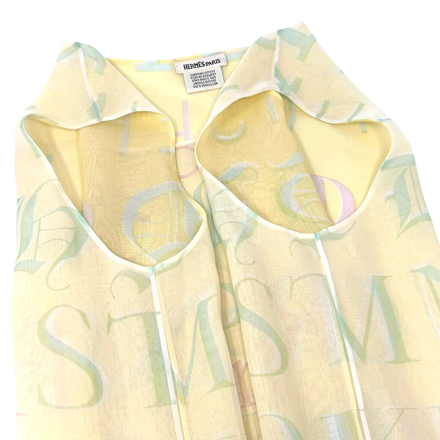 HERMES Vintage Logo Ensemble Set Shirt Sleeveless See-though #38 Yellow Silk