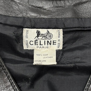 CELINE Vintage Logo Button Stitch Jacket Vest Dark Brown Gold Leather Rank AB