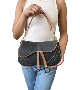 Christian Dior Vintage Double Saddle Bag Denim Dark Blue Brown Cotton Rank AB