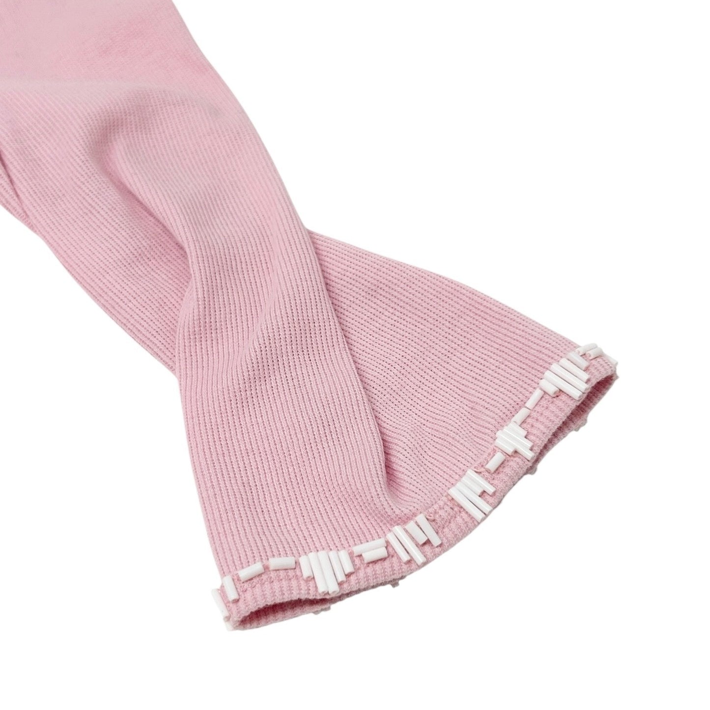 LOUIS VUITTON Vintage LV Logo 3/4 Sleeve Top #M Pink White Cotton Beads