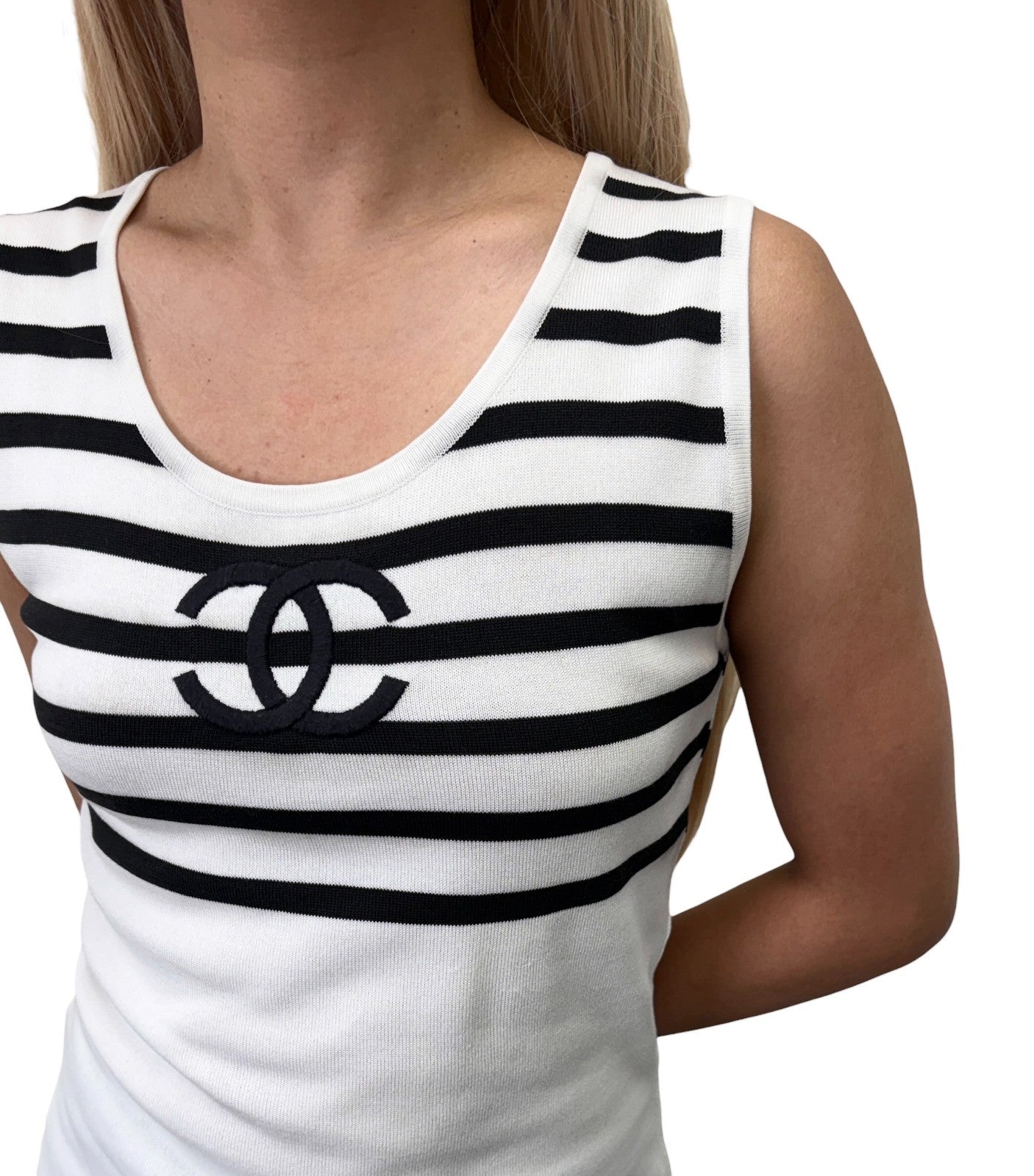 CHANEL Vintage CC Logo Striped Knit Tank Top #38 Black White Cotton 902421