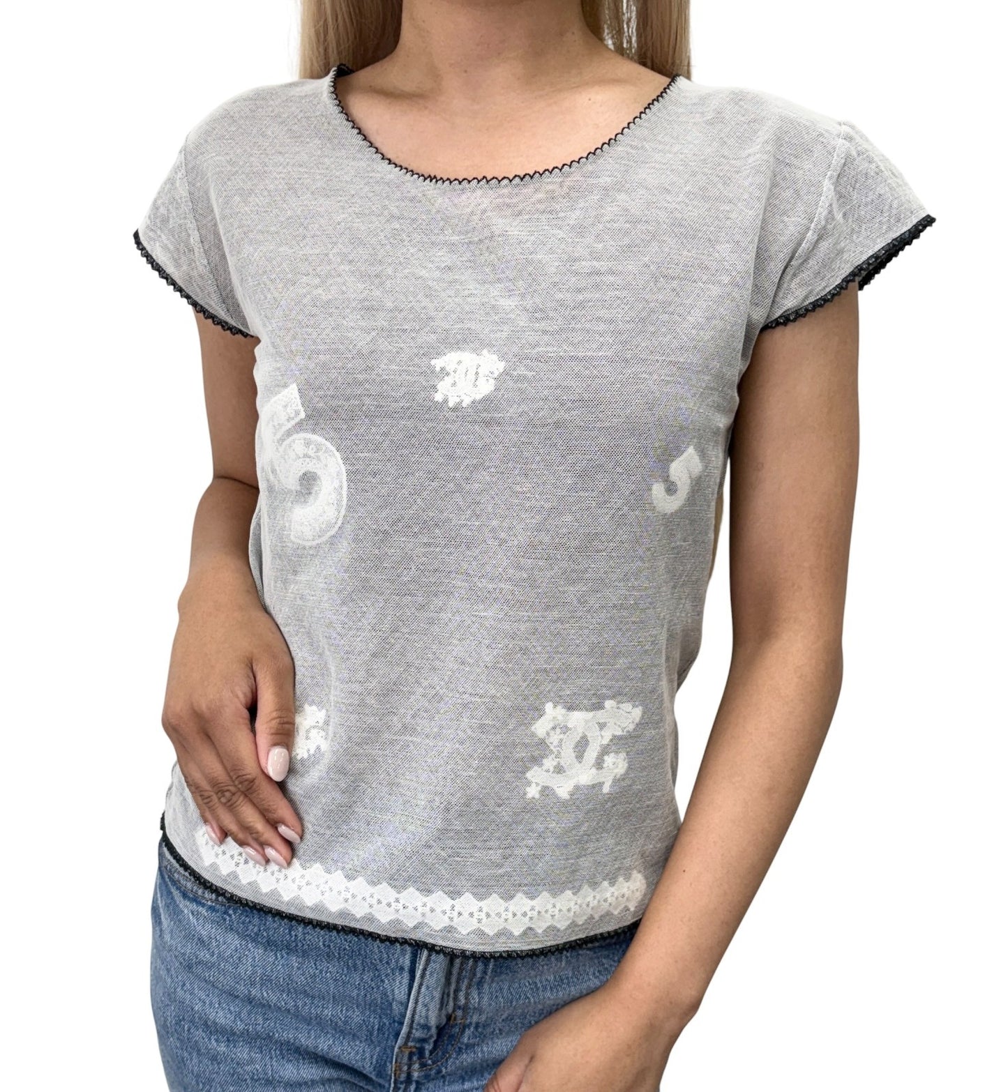 CHANEL Vintage 04P CC Logo No.5 Mesh Overlay Top #42 Gray Lace 901865