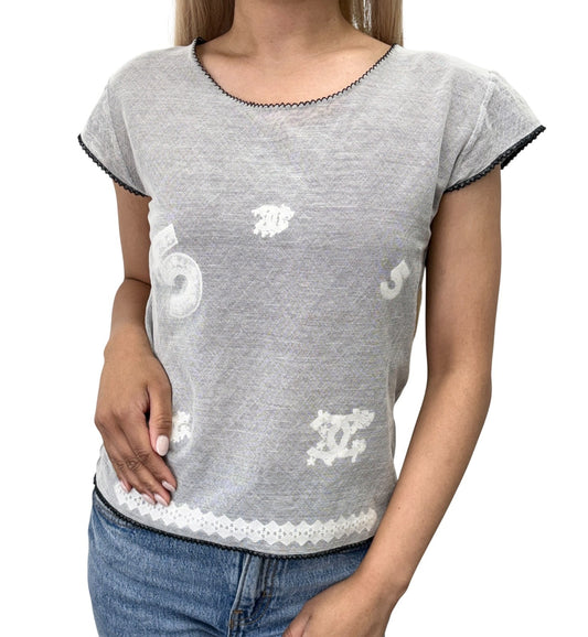 CHANEL Vintage 04P CC Logo No.5 Mesh Overlay Top #42 Gray Lace 901865