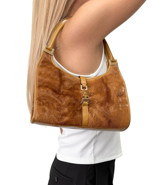 GUCCI Vintage Logo Jackie Pony Calf Hair Shoulder Bag Brown Gold 901855