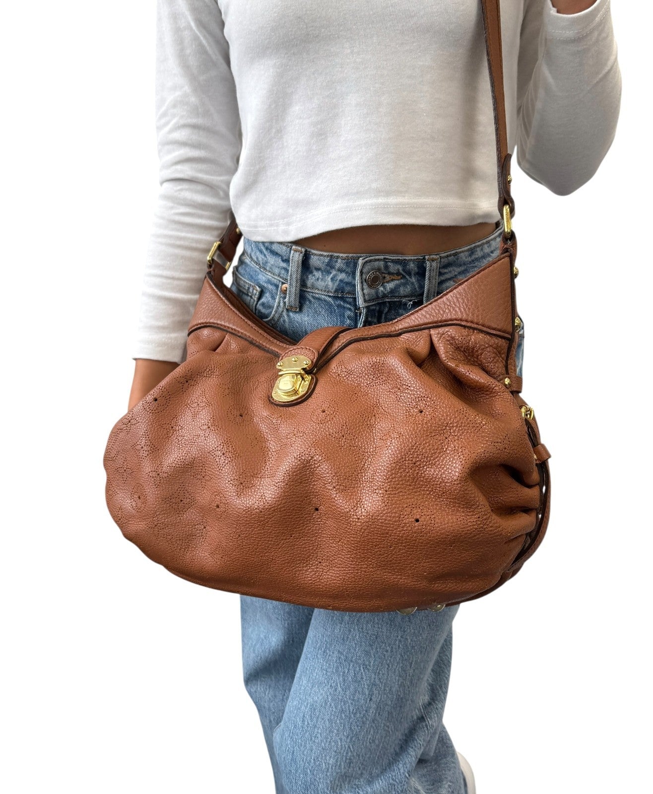 LOUIS VUITTON Vintage LV Monogram Mahina Crossbody Bag Brown Gold Leather