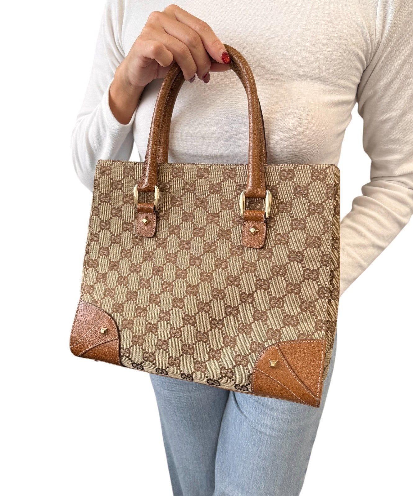 GUCCI Vintage GG Canvas Monogram Tote Bag Nailhead Camel Brown Studs Leather