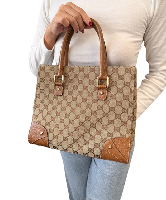 GUCCI Vintage GG Canvas Monogram Tote Bag Nailhead Camel Brown Studs Leather
