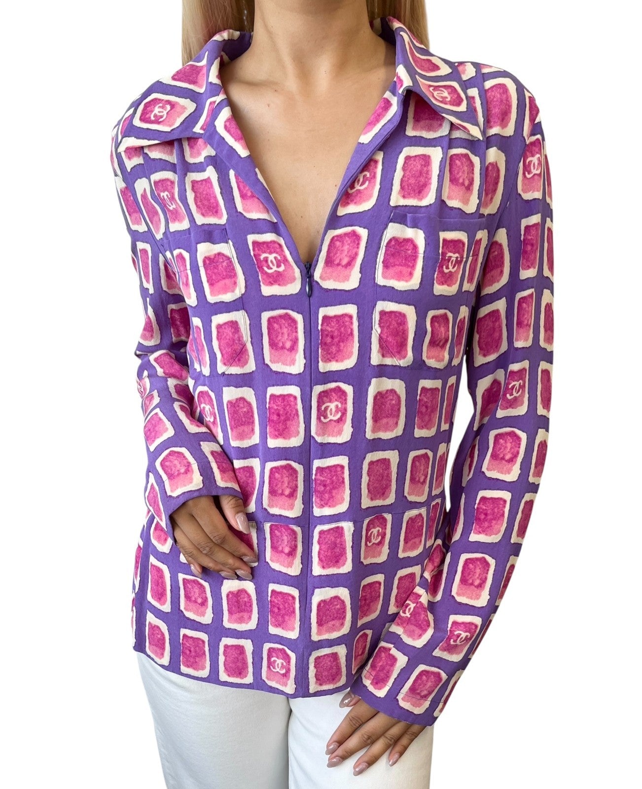 CHANEL Vintage 01P CC Mark Logo Shirt Zip Poket #36 Purple Pink Silk