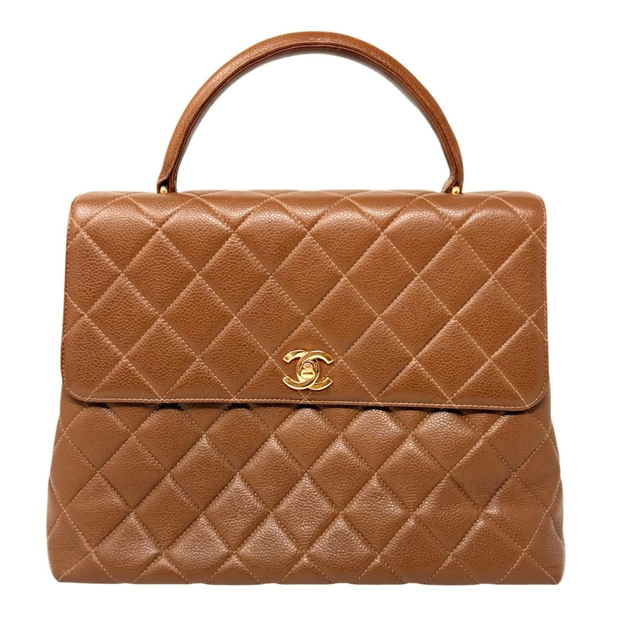CHANEL Vintage CC Turnlock Quilted Top Handle Bag Brown Gold Leather 902334