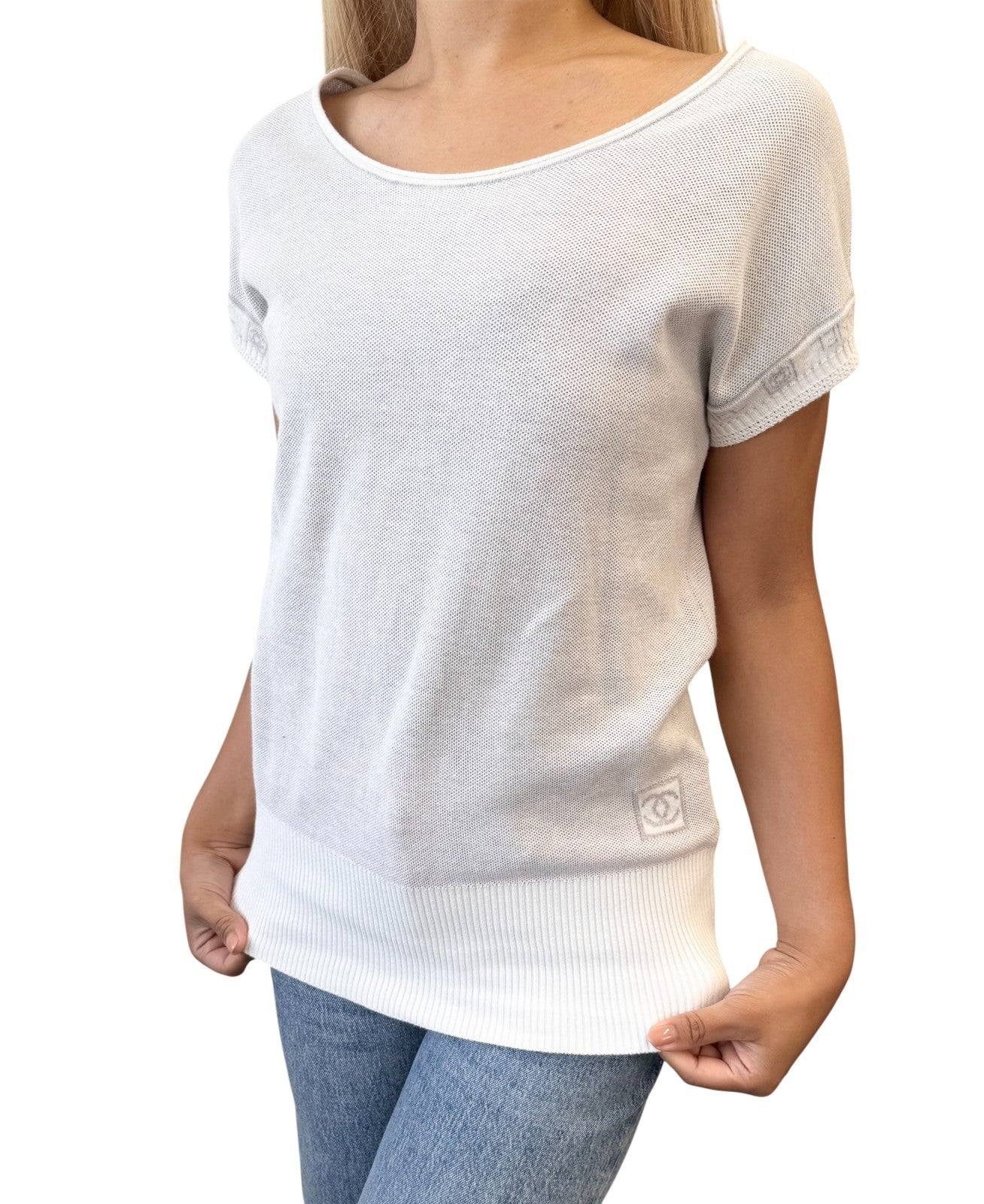 CHANEL Sport Vintage 08P CC Mark Logo Knit T-shirt Top #38 Gray White Cotton