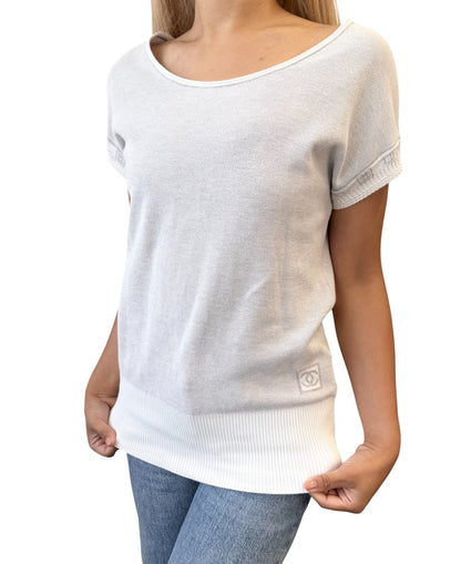 CHANEL Sport Vintage 08P CC Mark Logo Knit T-shirt Top #38 Gray White Cotton