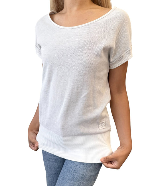 CHANEL Sport Vintage 08P CC Mark Logo Knit T-shirt Top #38 Gray White Cotton