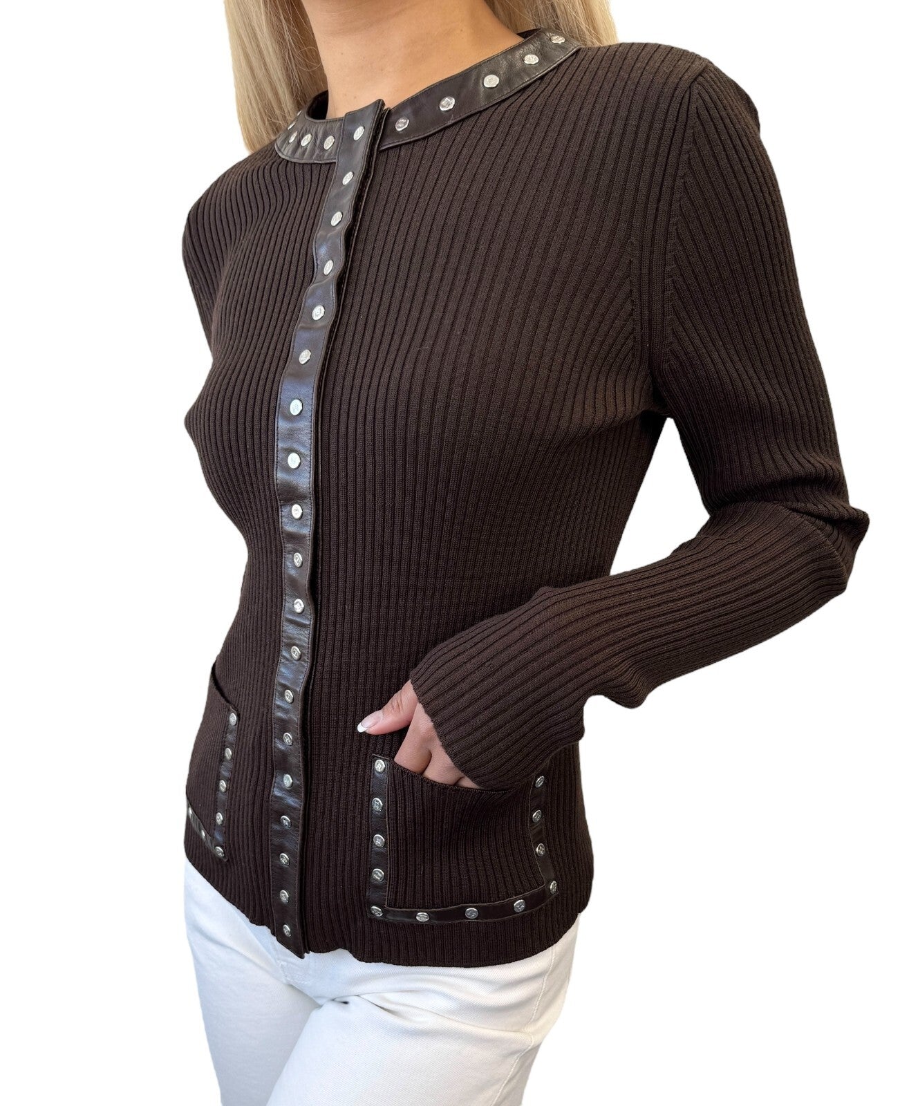 CELINE Vintage Macadam Logo Rib Knit Cardigan #M Snap Button Brown Wool Leather