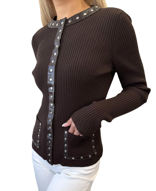 CELINE Vintage Macadam Logo Rib Knit Cardigan #M Snap Button Brown Wool Leather