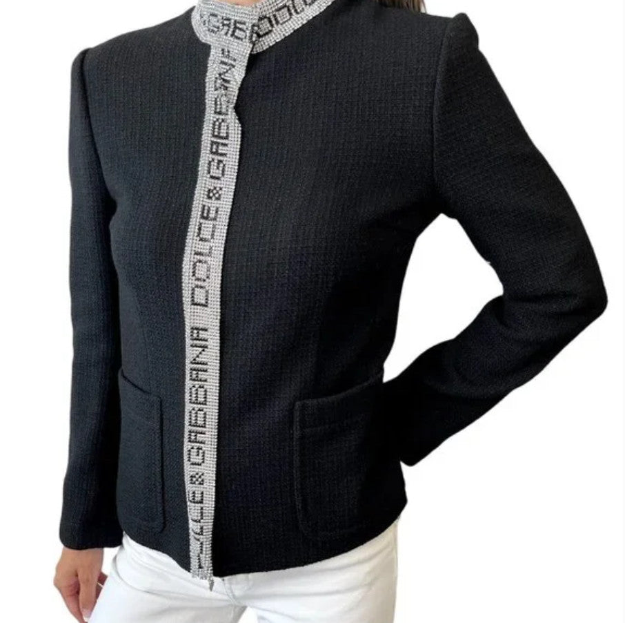 DOLCE&GABBANA Vintage Logo Rhinestone Jacket Top #38 Black Silver Wool