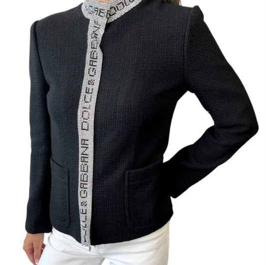 DOLCE&GABBANA Vintage Logo Rhinestone Jacket Top #38 Black Silver Wool