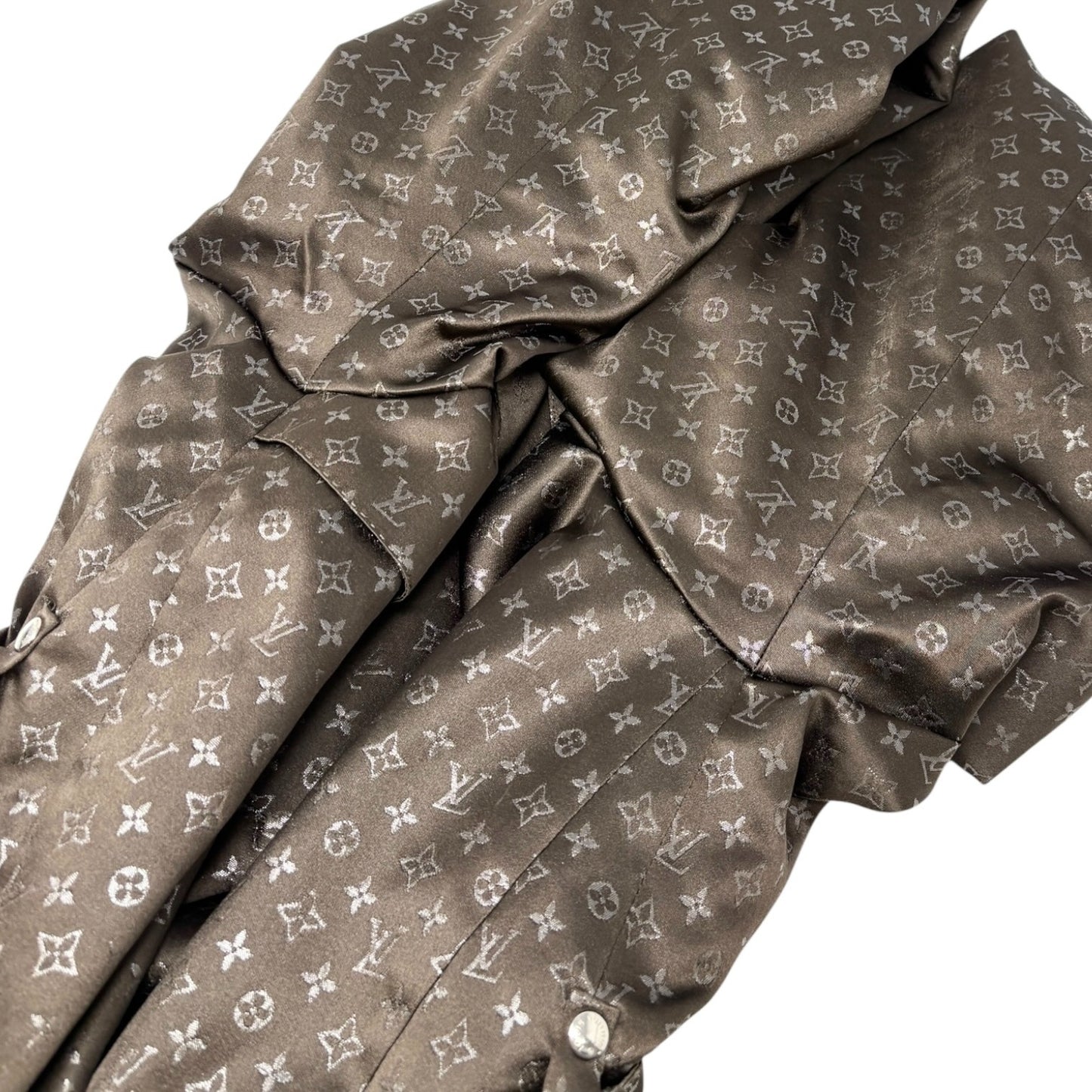 LOUIS VUITTON Vintage Monogram Silk Trench Coats Jacket Belt #36 Brown Silver