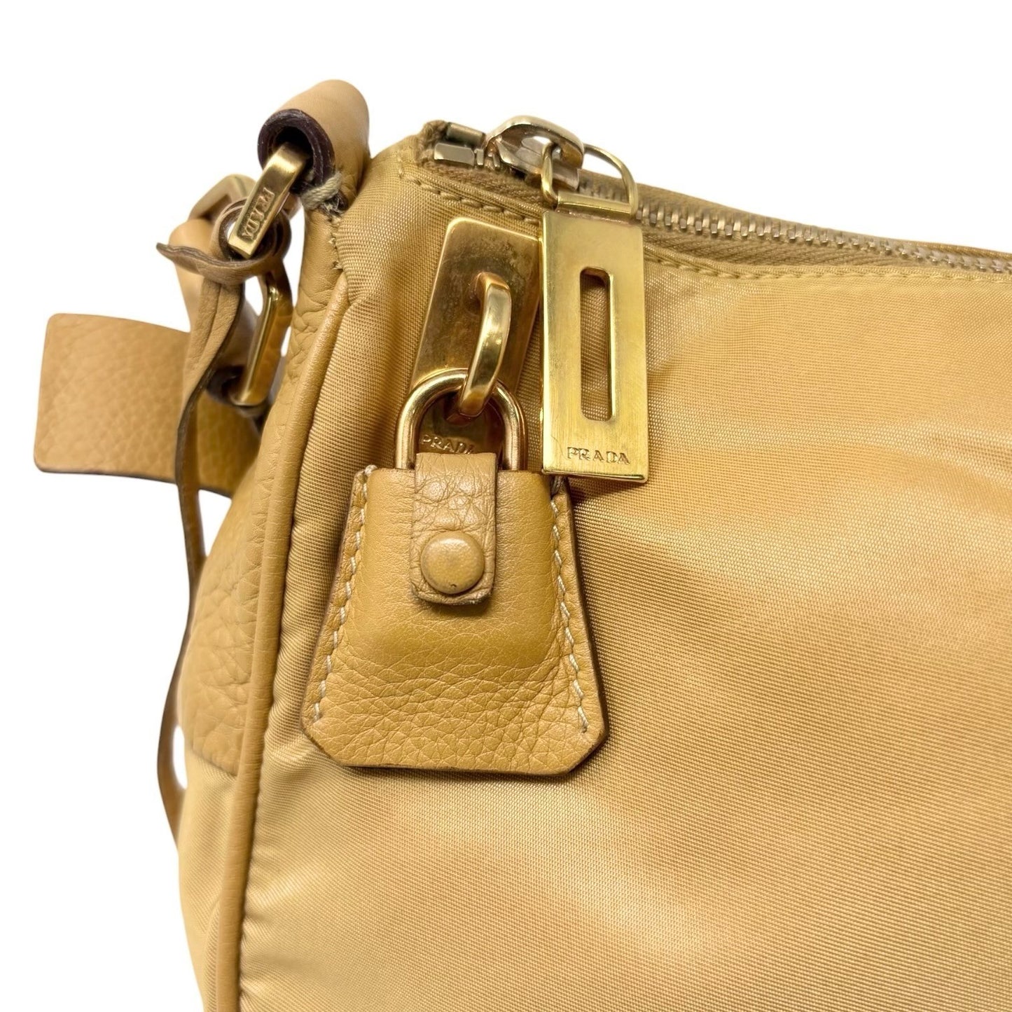 PRADA Vintage Triangle Logo Tessuto Nylon Shoulder Hobo Bag Leather Yellow Key