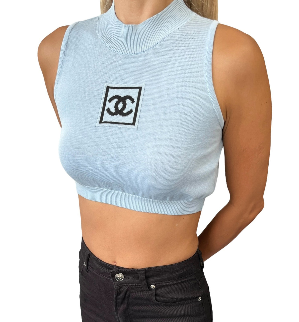 CHANEL Sport Vintage 03A CC Mock Neck Cropped Knit Tank Top #38 Blue 902897