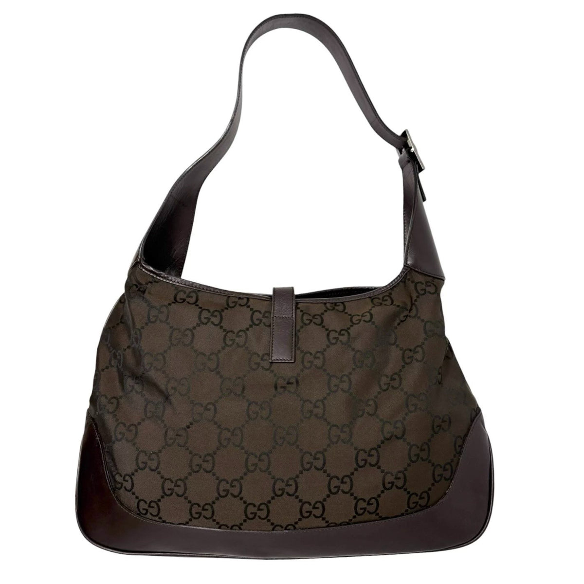 GUCCI Vintage Logo Jackie Shoulder Bag Dark Brown Silver Canvas Leather 902341