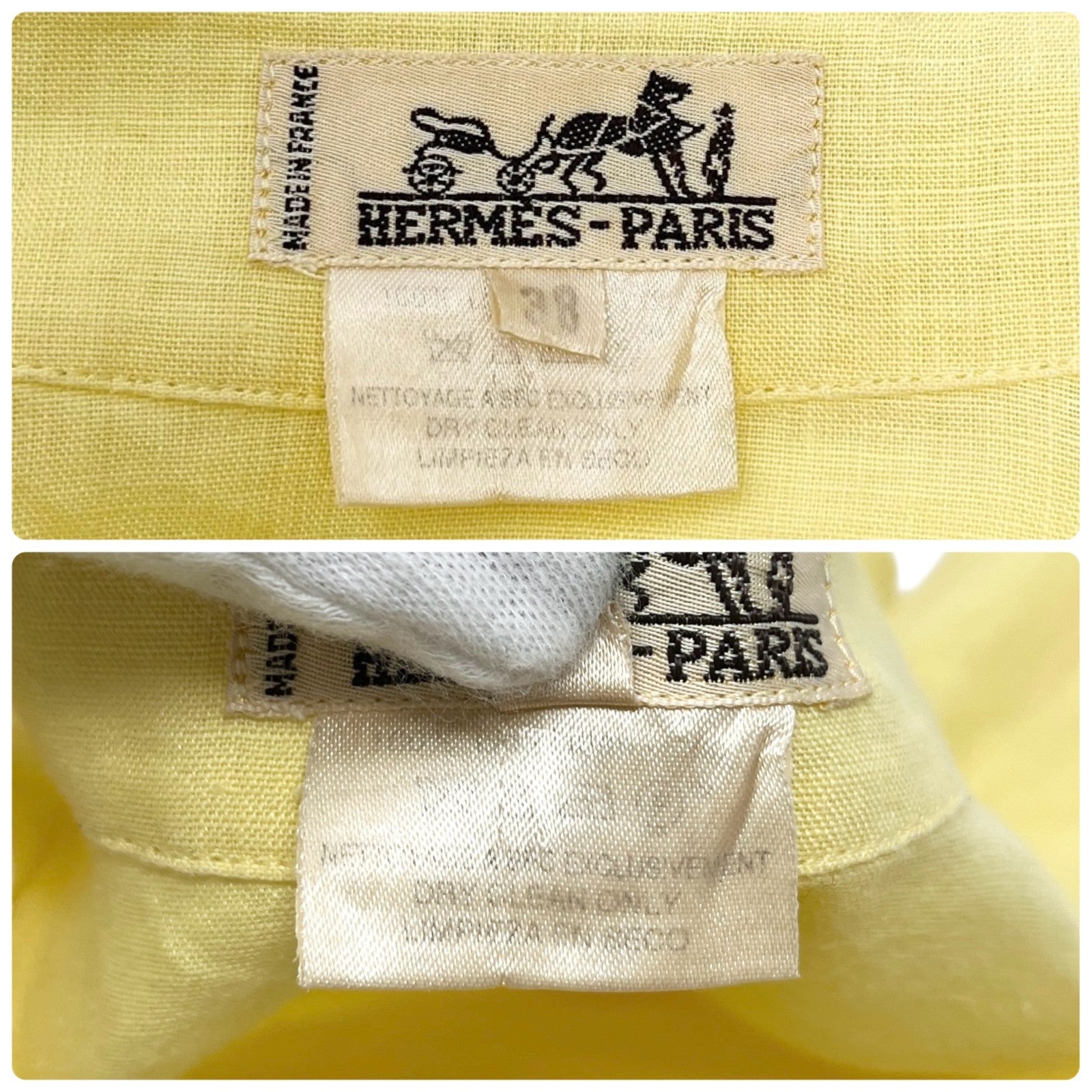 HERMES Vintage Logo Button Up Shirt Top #38 Long Sleeve Yellow White Linen