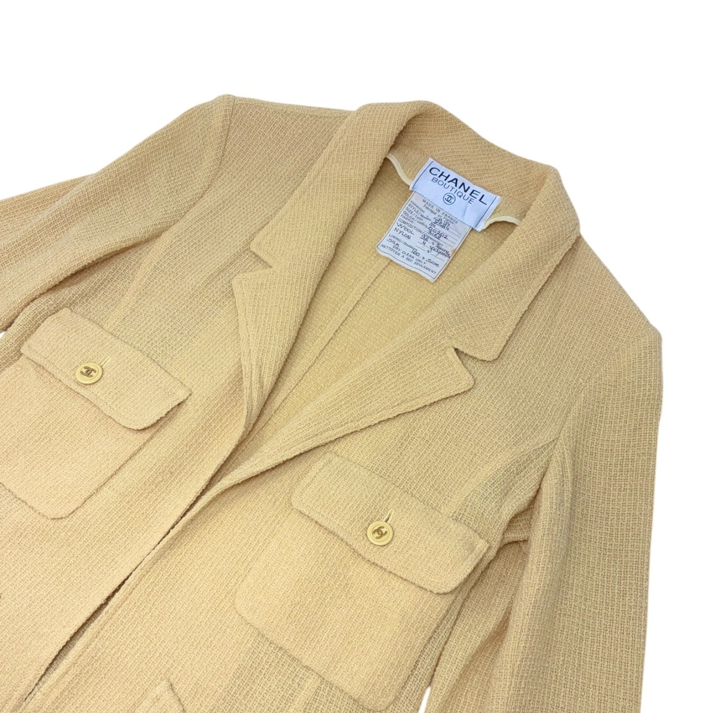 CHANEL Vintage 1994 CC Logo Tweed Collared Jacket #34 Yellow Gold Button Wool