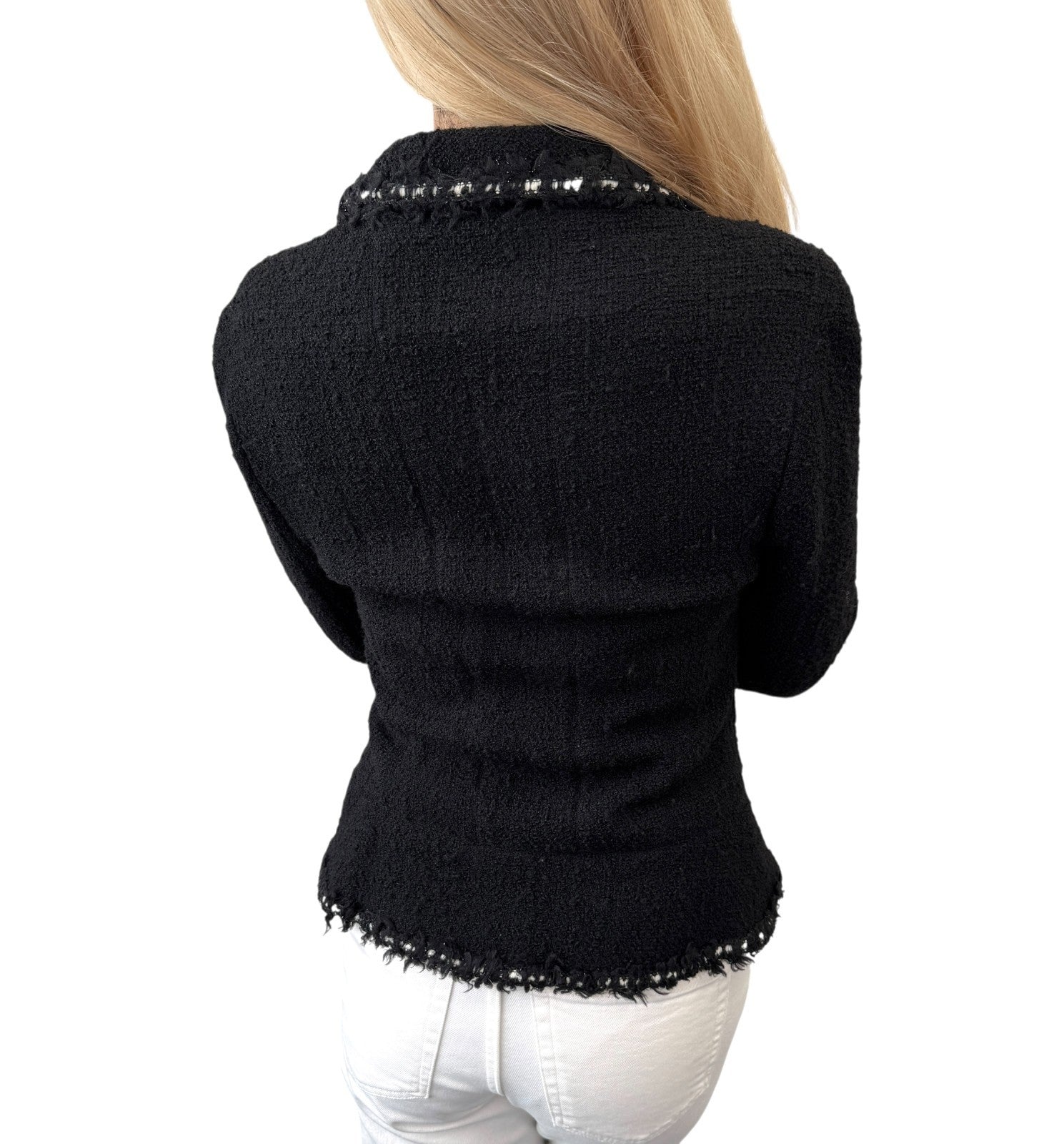 CHANEL Vintage 94A CC Logo Tweed Jacket Blazer Black White Wool Button