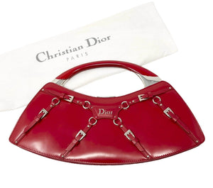 Christian Dior Vintage Logo Bondage Top Handle Bag Red Silver Leather Rank AB