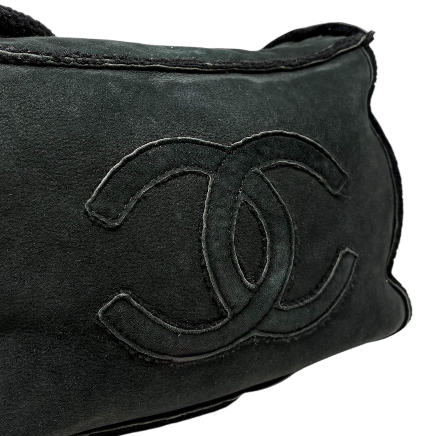 CHANEL Vintage Big CC Shearling Leather One Shoulder Bag Black Mouton Boa