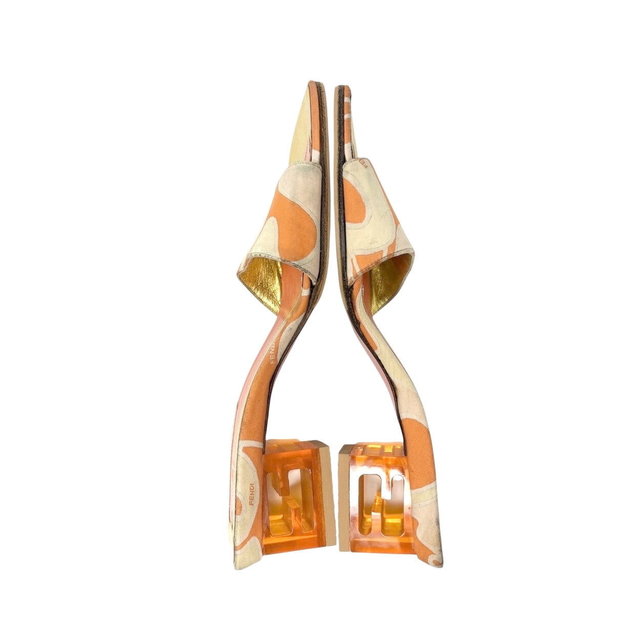 FENDI Vintage FF Logo Sandals Block Heels #36.5 Orange Gold Canvas Leather