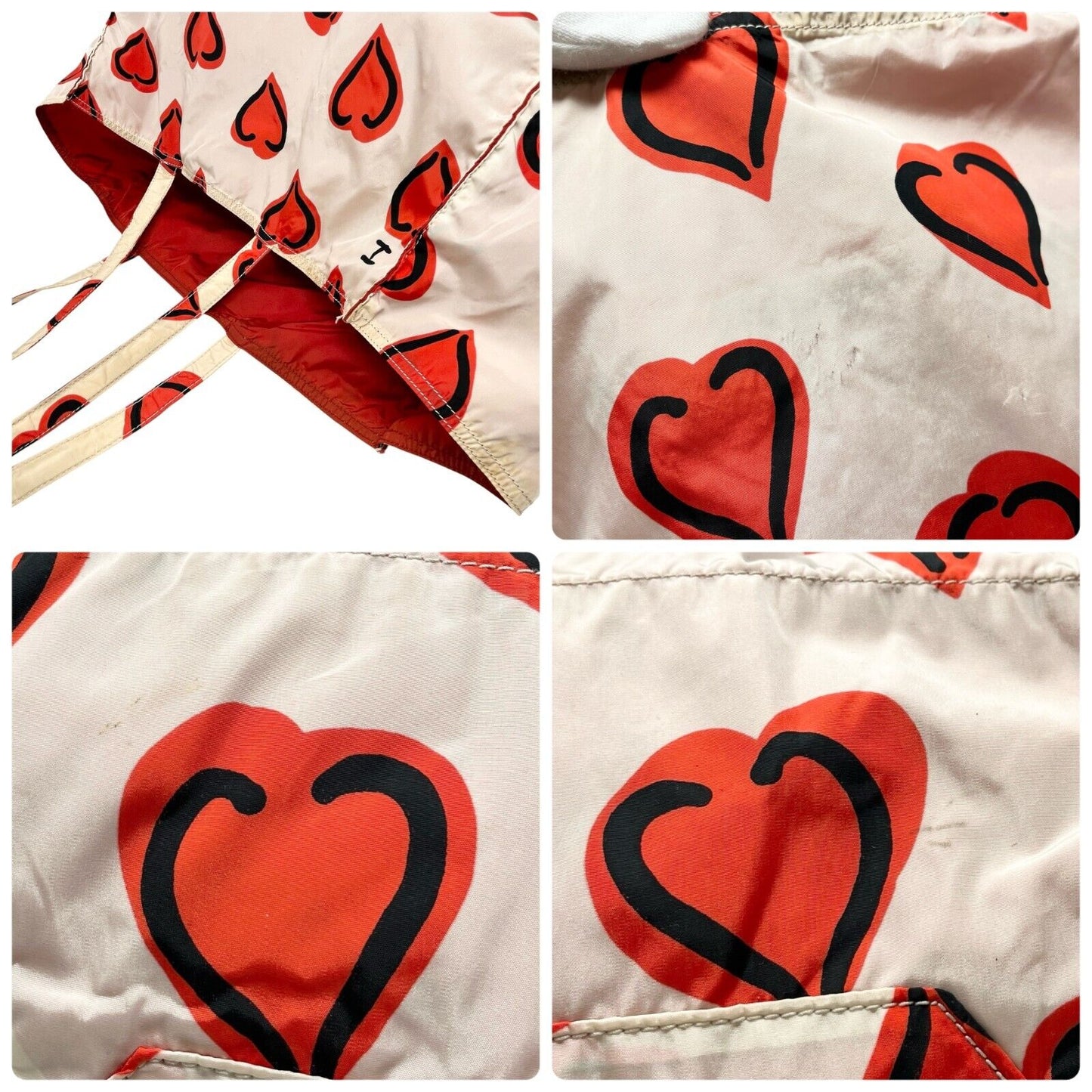 PRADA Vintage Logo Heart Pattern Tote Bag Handbag White Red Black Silver Nylon