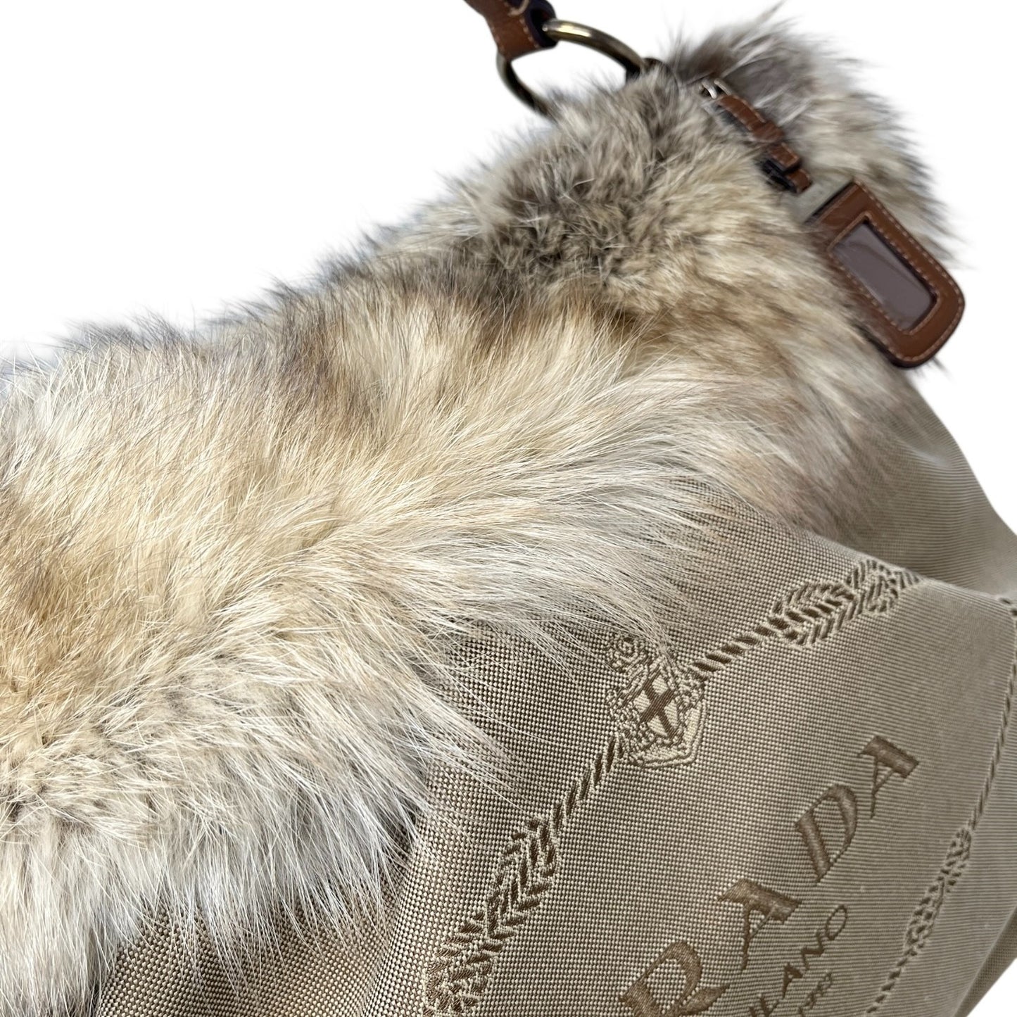PRADA Vintage Logo Jacquard Fur Trim Canvas Shoulder Tote Bag Beige Brown