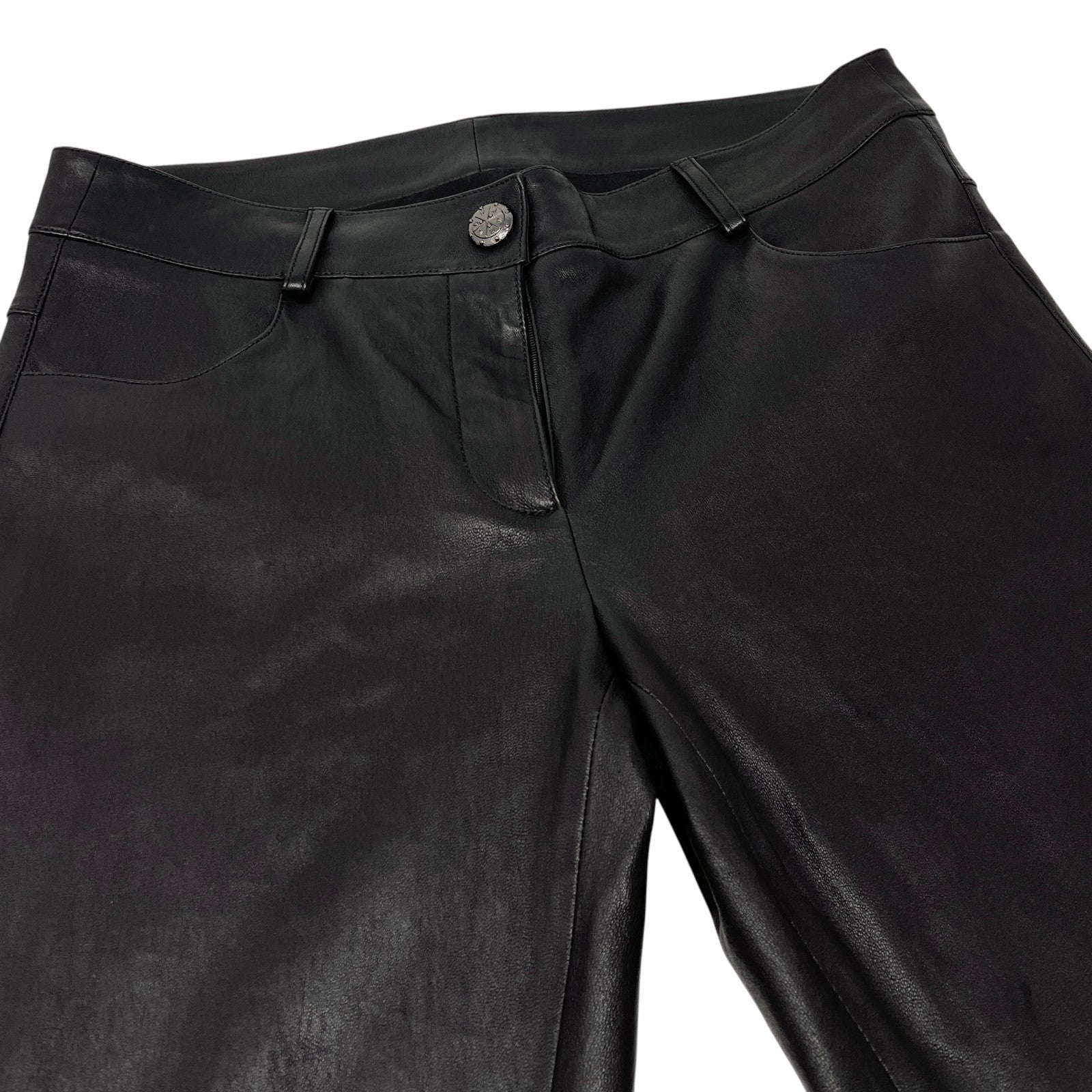 CHANEL Vintage P47479 CC Mark Logo Leather Pants #38 Button Zip Black Lambskin