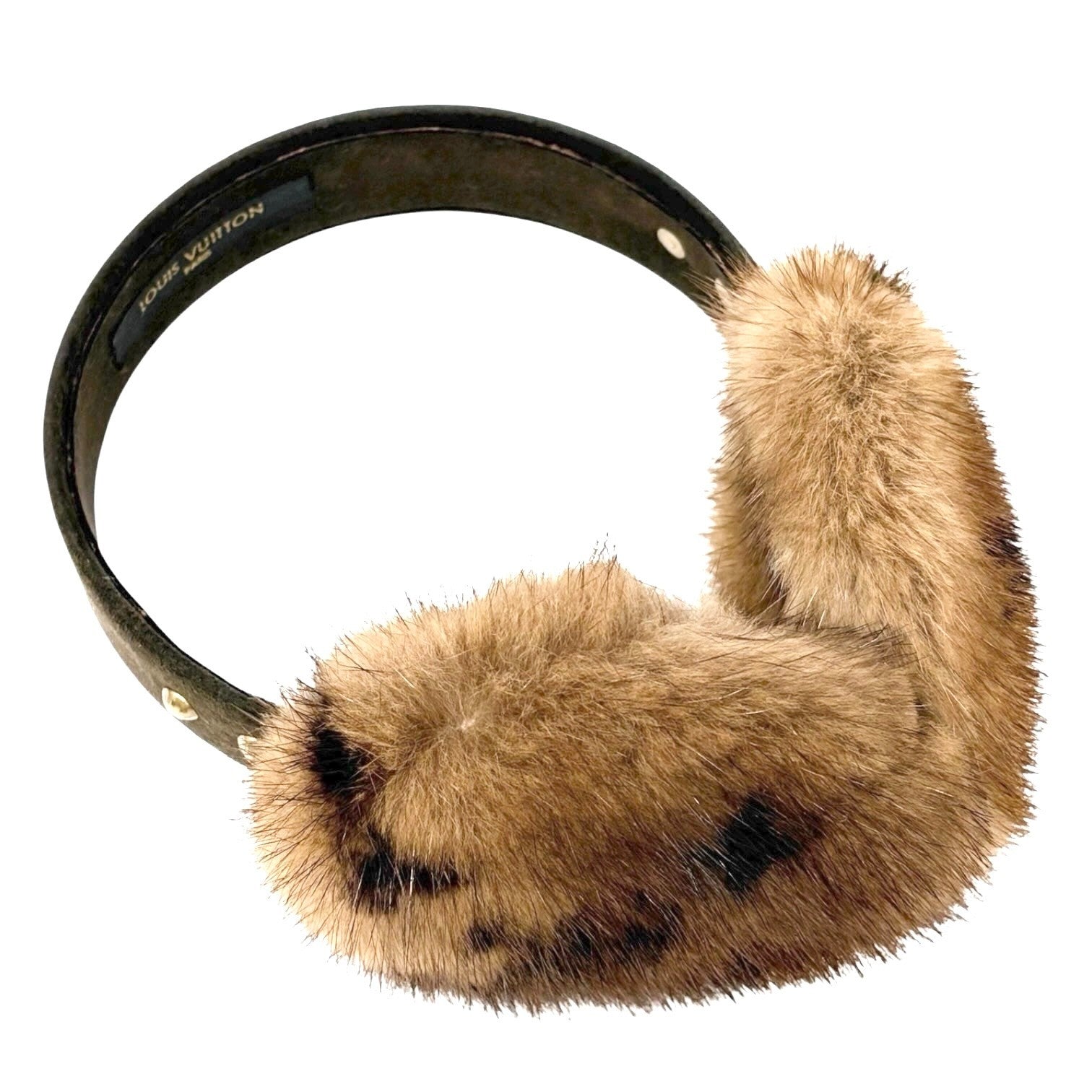 LOUIS VUITTON Vintage LV Monogram Mink Earmuffs Brown Gold Suede Accessory