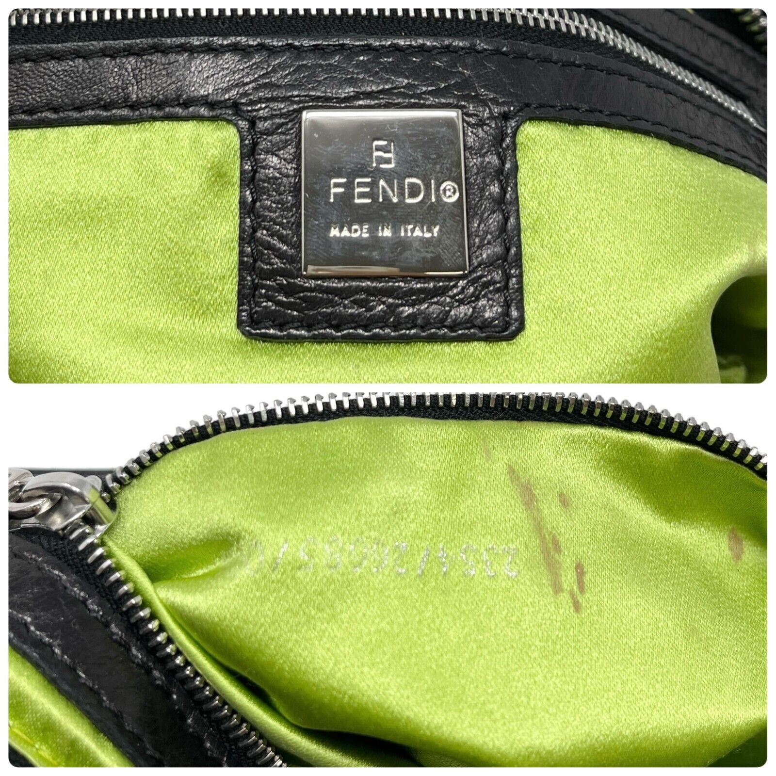 FENDI Vintage FF Logo Mamma Baguette Cross Body Bag Black Green Leather Rank AB