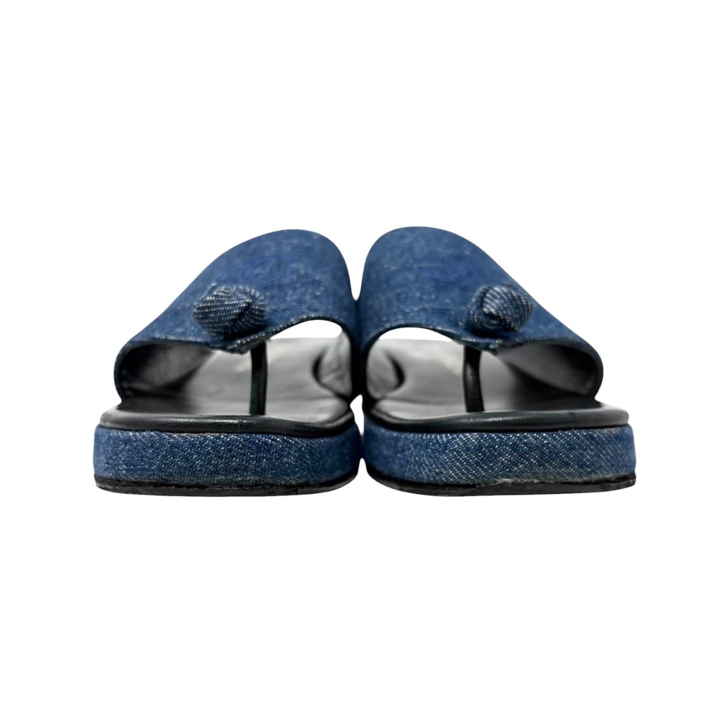 CHANEL Vintage CC Stitch Logo Thong Denim Sandals #37 Blue Black Leather