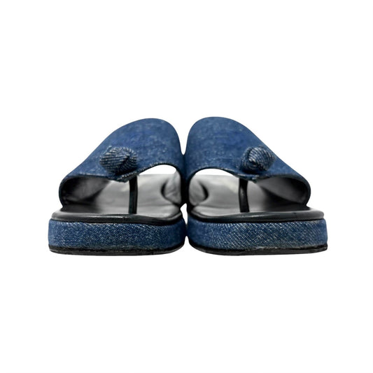 CHANEL Vintage CC Stitch Logo Thong Denim Sandals #37 Blue Black Leather