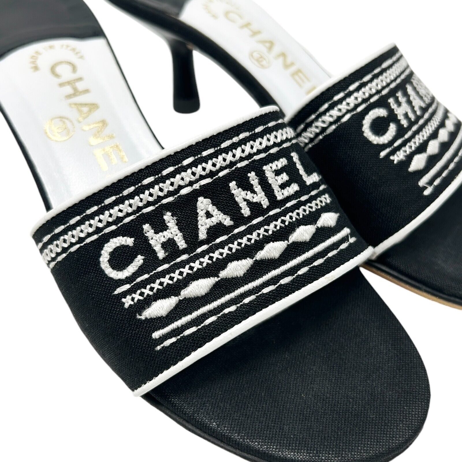 CHANEL Vintage Jacquard Logo Sandals #36 US6 Black Linen Embroidery Rank AB