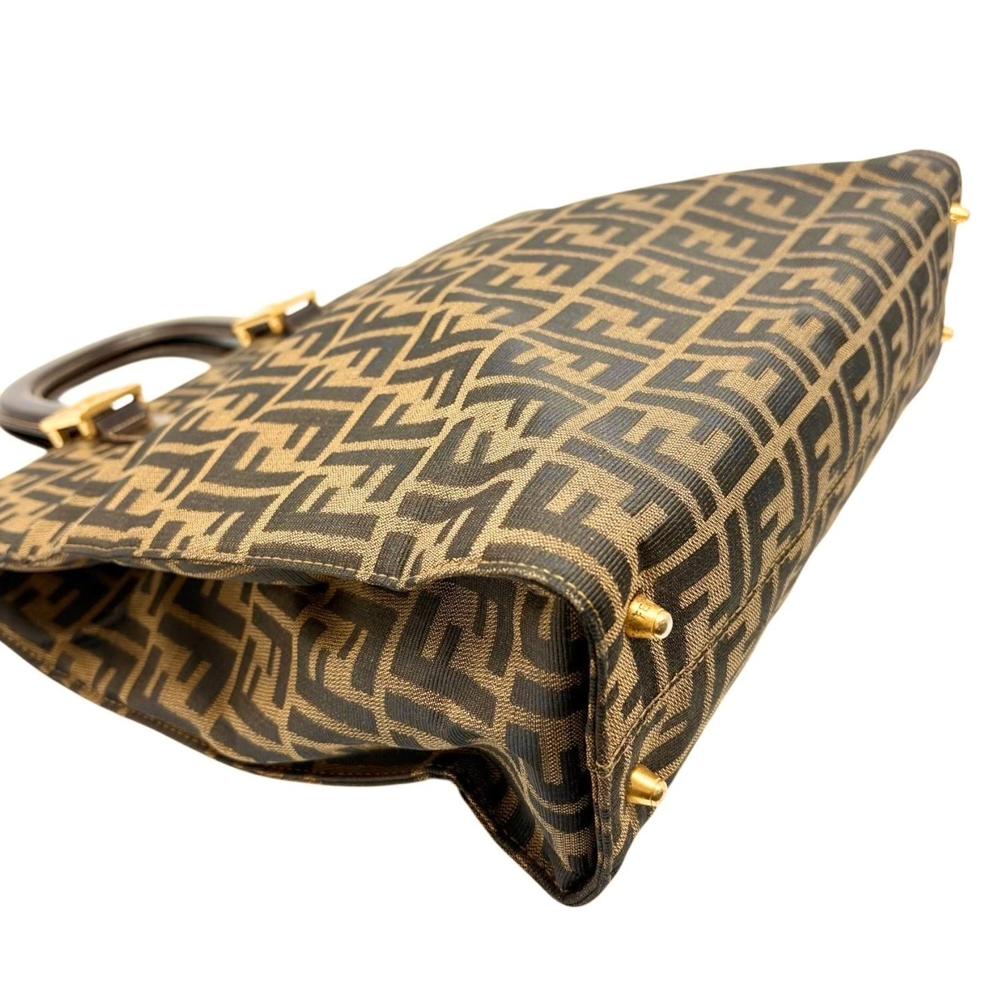Fendi Vintage Zucca Canvas Tote Bag FF Logo Monogram Brown Gold Leather