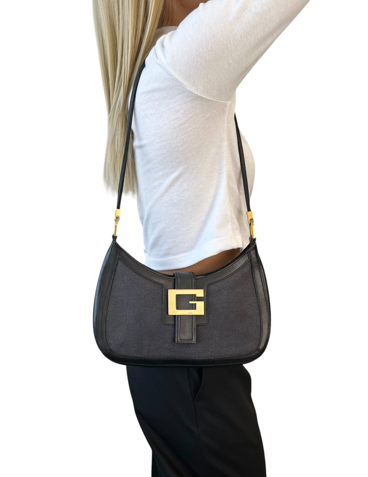 GUCCI Vintage G Buckle Logo Shoulder Bag Black Gold Leather Cotton Magnet