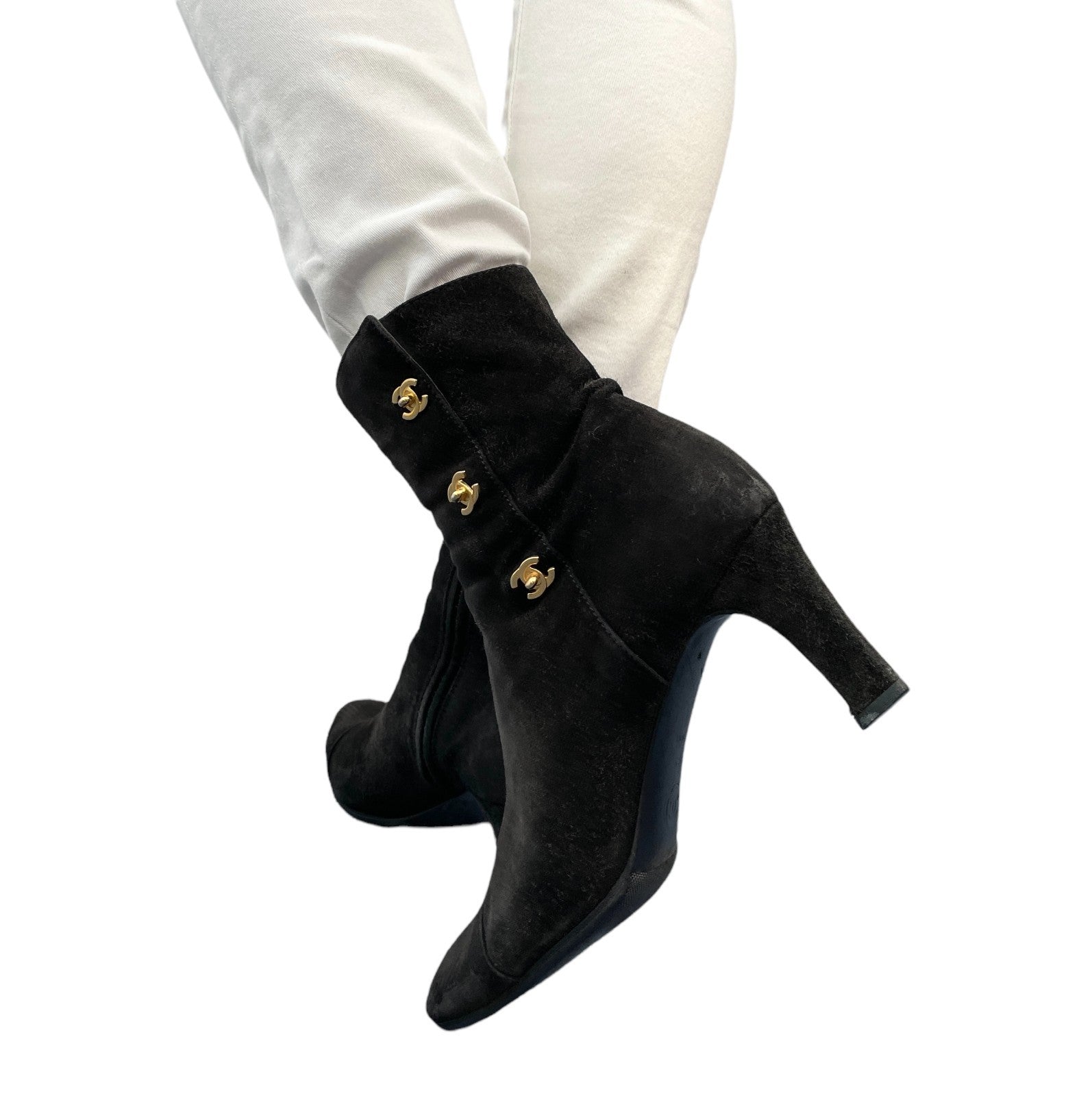 CHANEL Vintage CC Logo Turnlock Ankle Boots Heels #36.5 Black Suede Leather