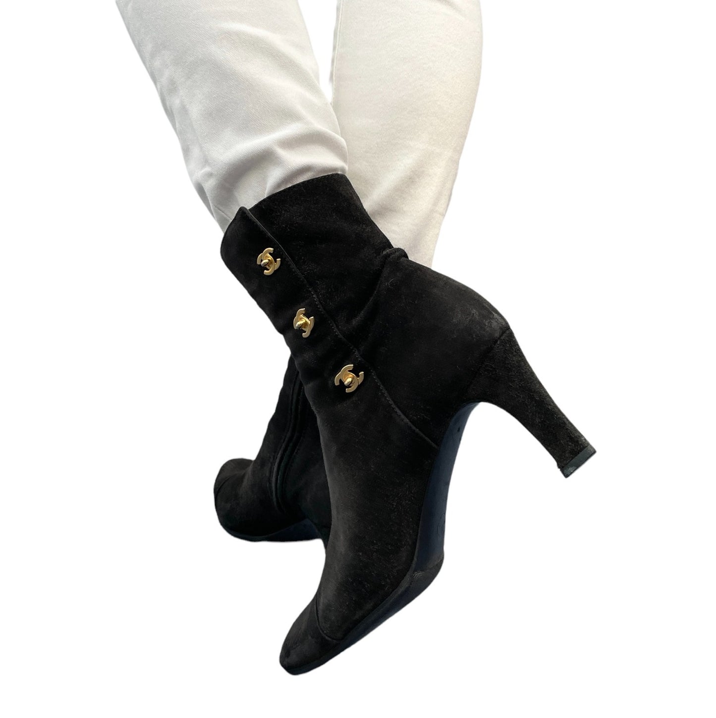 CHANEL Vintage CC Logo Turnlock Ankle Boots Heels #36.5 Black Suede Leather