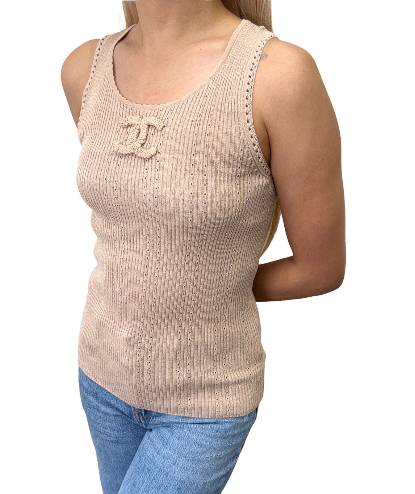 CHANEL Vintage 09P CC Logo Rib Knit Tank Top #34 Beige Sleeveless 902428