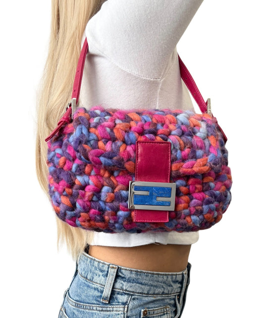 FENDI Vintage FF Logo Crochet Mamma Baguette Shoulder Bag Pink Multicolor Wool