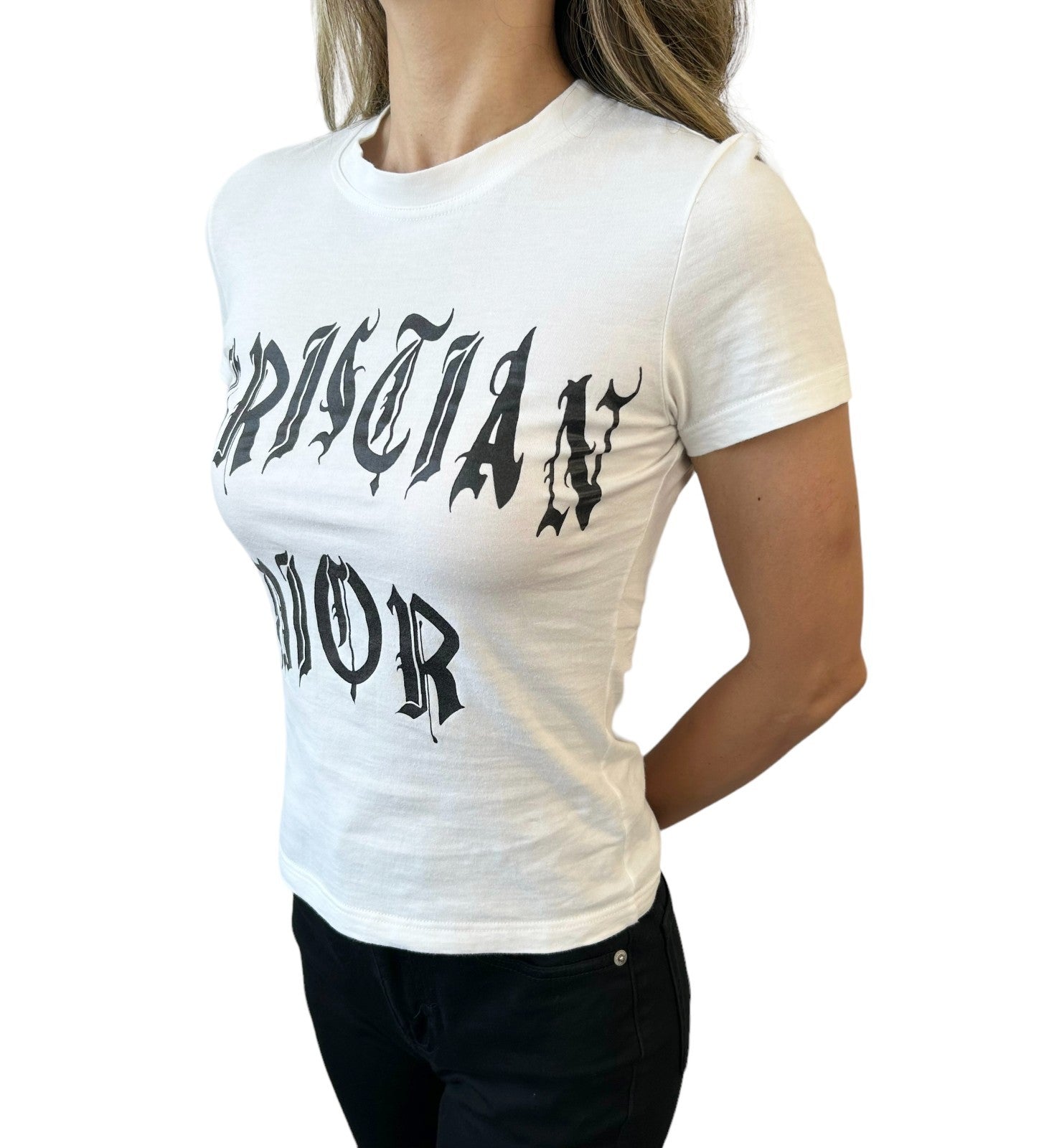 Christian Dior Vintage 2002 Logo T-shirt Top #38 Calligraphy Gothic White Black