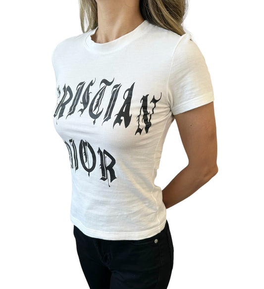 Christian Dior Vintage 2002 Logo T-shirt Top #38 Calligraphy Gothic White Black