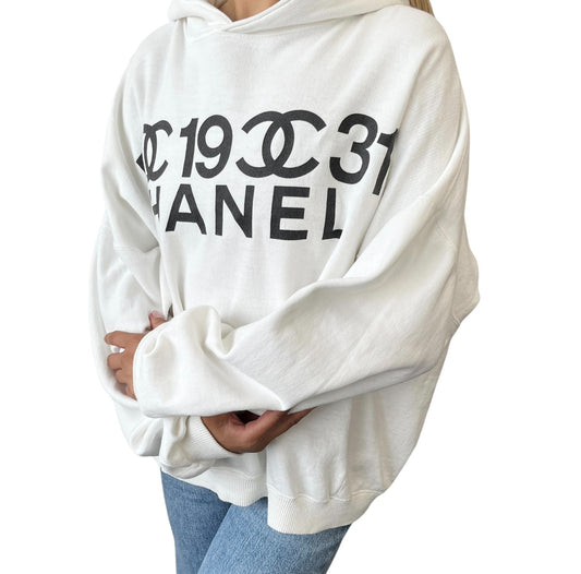 CHANEL Vintage CC Mark Logo Hoodie Sweatshirt Pullover Top White Black Cotton